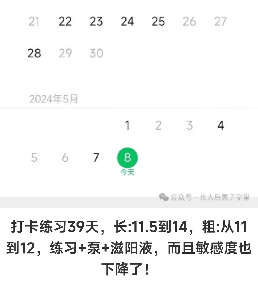 打卡练习39天，长:11.5到14，粗:从11到12，练习+泵+滋阳液，而且敏感度也下降了！